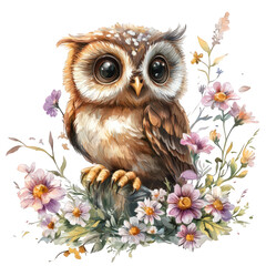 Sweet baby owl surrounded by wildflowers and foliage, isolated on transparent background