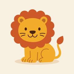 Cute cartoon lion illustration in golden yellow with fluffy mane, perfect for product packaging, labels, web design, banners, book illustrations and art prints with a playful, child-friendly style.