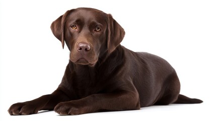 A beautiful brown dog lies gracefully on a white background. This image captures the calm and friendly nature of the Labrador Retriever breed. Ideal for pet lovers and animal enthusiasts. AI