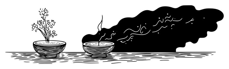 Obraz premium incense bowls with herbal smoke black and white vector illustration