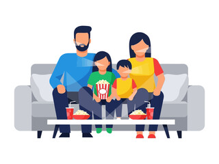 Family Movie Night: A family of four, enjoying a cozy movie night together on a comfortable sofa, surrounded by popcorn and soda. The image captures the joy of togetherness, quality time.