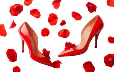 Luxurious red stiletto shoes adorned with romantic rose petals arrangement isolated on transparent background PNG