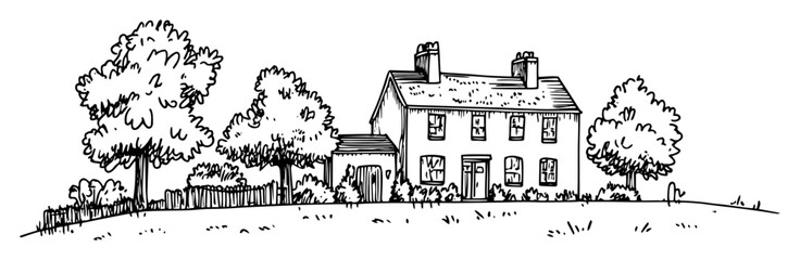 hand drawn country house with trees and garden