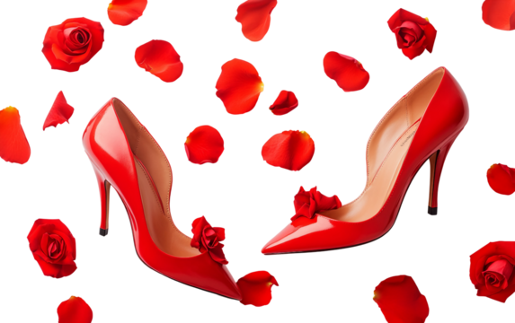 Luxurious red stiletto shoes adorned with romantic rose petals arrangement isolated on transparent background PNG