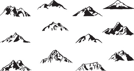 Hand-drawn set of mountain vector icons in different shapes and sizes.