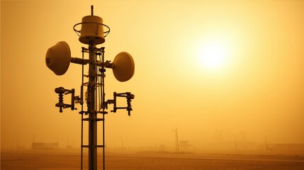 Communication tower against a golden sunset in dusty conditions