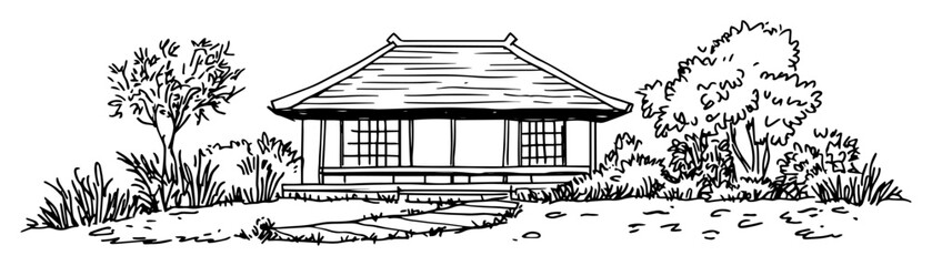 traditional japanese house with garden black and white vector illustration