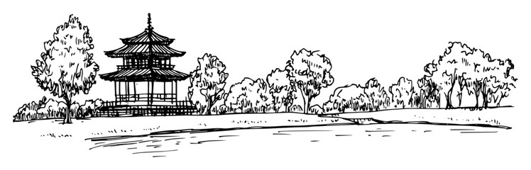 pagoda pavilion park landscape black and white vector illustration