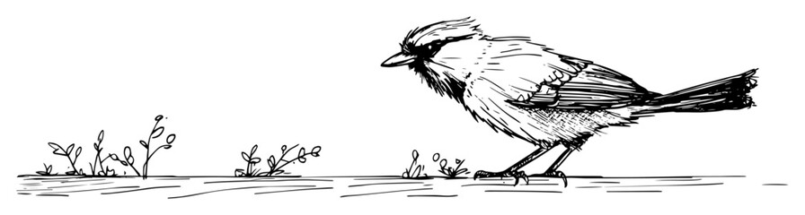 small sparrow walking on ground black and white vector illustration