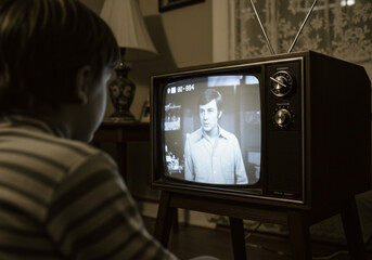 Child Watching Black-and-White Program on Vintage CRT Television in Cozy Living Room
