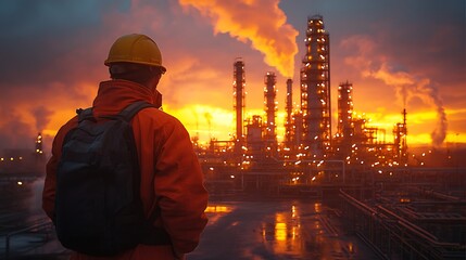 Worker gazing at industrial oil refinery at sunset
