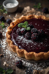 Delicious blackberry pie with fresh berries and mint on rustic wooden table