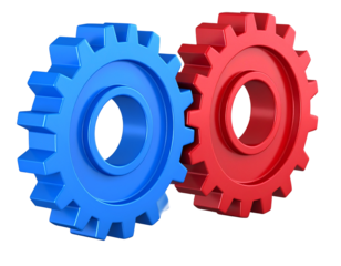 Red and Blue Gears Connected in Motion, Transparent PNG.