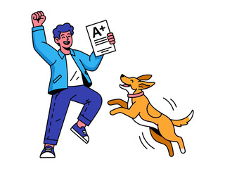 Joyful Success: A jubilant person celebrates their outstanding grade, joined by a cheerful canine companion, both reveling in the achievement of success and happiness.