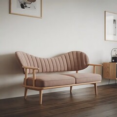 An interior design of a Scandinavian home featuring curved loveseat sofas against a white wall with frames. Living room design of a modern Scandinavian home..
