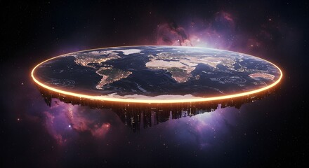 Discover a stunning futuristic flat Earth, illuminated by a golden glow against a cosmic backdrop, perfect for sci-fi concepts, alternative theories, and innovative digital designs