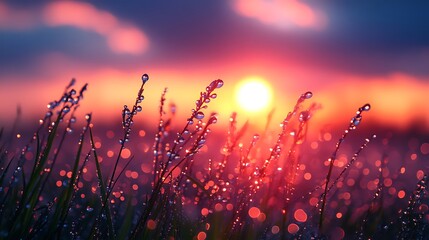 Dew drops on grass sunrise
