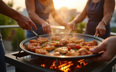Outdoor bbq gathering with friends rooftop patio food photography sunlit garden close-up culinary experience. High quality