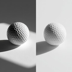 A split-image showcasing two identical golf balls, one brightly lit, the other in shadow, highlighting contrasting light and shadow effects on a minimalist background