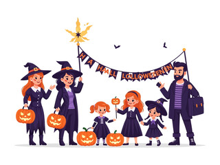 Halloween Family Gathering: A festive illustration of a family, decked out in Halloween attire, gathering together for the holiday. Featuring vibrant pumpkin decor, and festive banners.