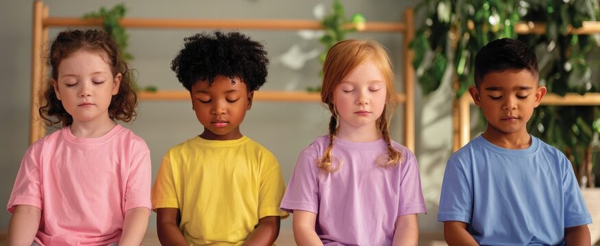 The children practicing mindfulness and meditation in a serene environment.