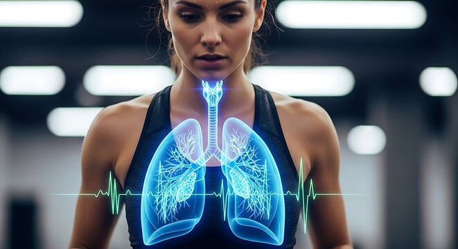 Digital overlay of glowing human lungs and a heartbeat monitor on a focused woman exercising in a gym. - Powered by Adobe