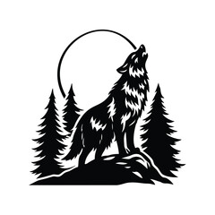 Black and white silhouette of a howling wolf standing on rocks with trees