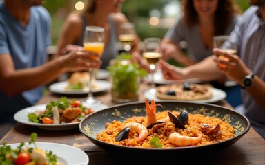 Outdoor dinner with friends features seafood paella. Festive atmosphere, warm inviting evening. People enjoy fresh dish together. Traditional Spanish cuisine, delicious food with prawns, mussels,