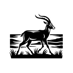 Black and White Gazelle Graphic Silhouette Against Landscape with Grass