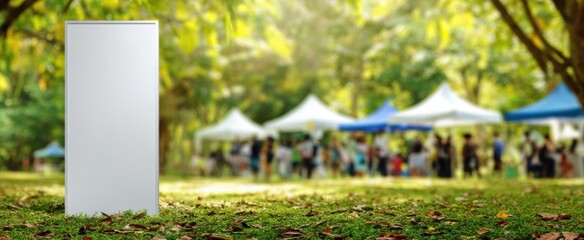 The blank signage standing prominently in a lively event under sunny trees.