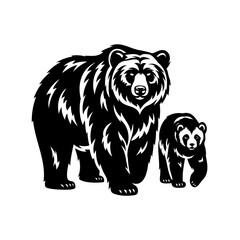 Vector illustration of a mother bear with cub in black and white
