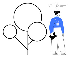 Female professional holding clipboard near abstract tree with geometric branches and small rocket in motion. Ideal for innovation, leadership, growth, technology, future, creativity, goals, simple