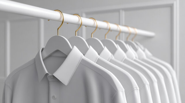 Row of clean white shirts hanging in perfect order on clothing rack with hangers. This minimal fashion concept for closet or retail display evokes sense of calm
