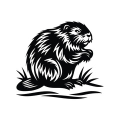 Striking black and white silhouette of a cute beaver in its habitat