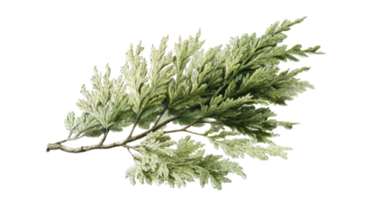 Botanical illustration of single evergreen branch with soft green foliage. This isolated plant element on transparent background evokes serene feeling of calm nature