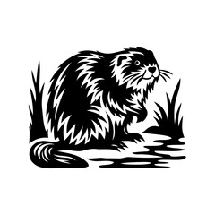 Stylized Black and White Beaver Illustration Standing in Water with Grass