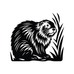 Monochrome Beaver Illustration Amidst Tall Grass in Stylized Silhouette