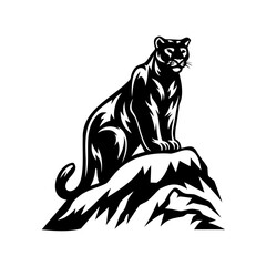 Powerful black panther sitting atop rocky terrain, minimalist vector design