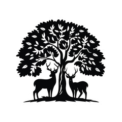 Elegant silhouette of two deer standing under a large leafy tree