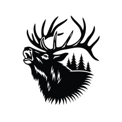 Majestic Elk Silhouette with Antlers and Forest Landscape in Bold Black