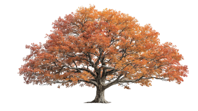 Single majestic sugar maple tree isolated on transparency background. Its vibrant orange and red leaf display evokes serene beauty and warmth of autumn or fall season