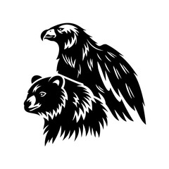 Black and White Illustration of a Bald Eagle and Bear Heads Profile