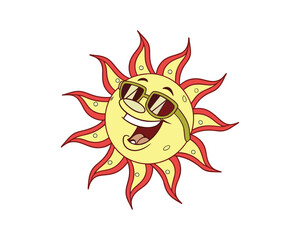 A vibrant cartoon depiction of a sun with a happy expression, wearing sunglasses