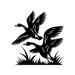 Silhouette of Two Canadian Geese Flying over Grass Field Illustration