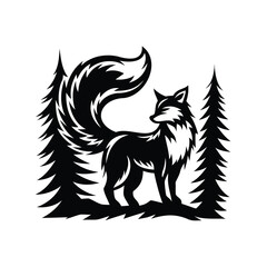 Stylized fox silhouette standing among evergreen trees in a monochrome design
