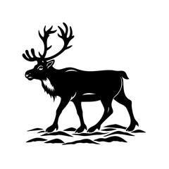 Stylized Black Silhouette of a Reindeer Walking Across a Snowy Landscape