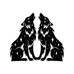 Symmetrical howling wolf silhouettes with star patterns, against a stark white backdrop