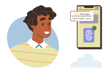 Young man smiling next to smartphone screen displaying authentication code and fingerprint scanner. Ideal for technology, security, identity, communication, access, verification, safety. Simplified