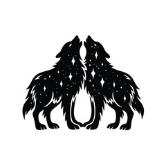 Silhouette of two howling wolves with cosmic star pattern inside their bodies © MH Shipon