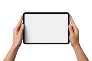 Hands holding modern tablet with blank white screen for app design or website mockup